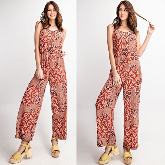 NEW Mix Floral Patch Print Button Front Jumpsuits - Picture 2 of 10